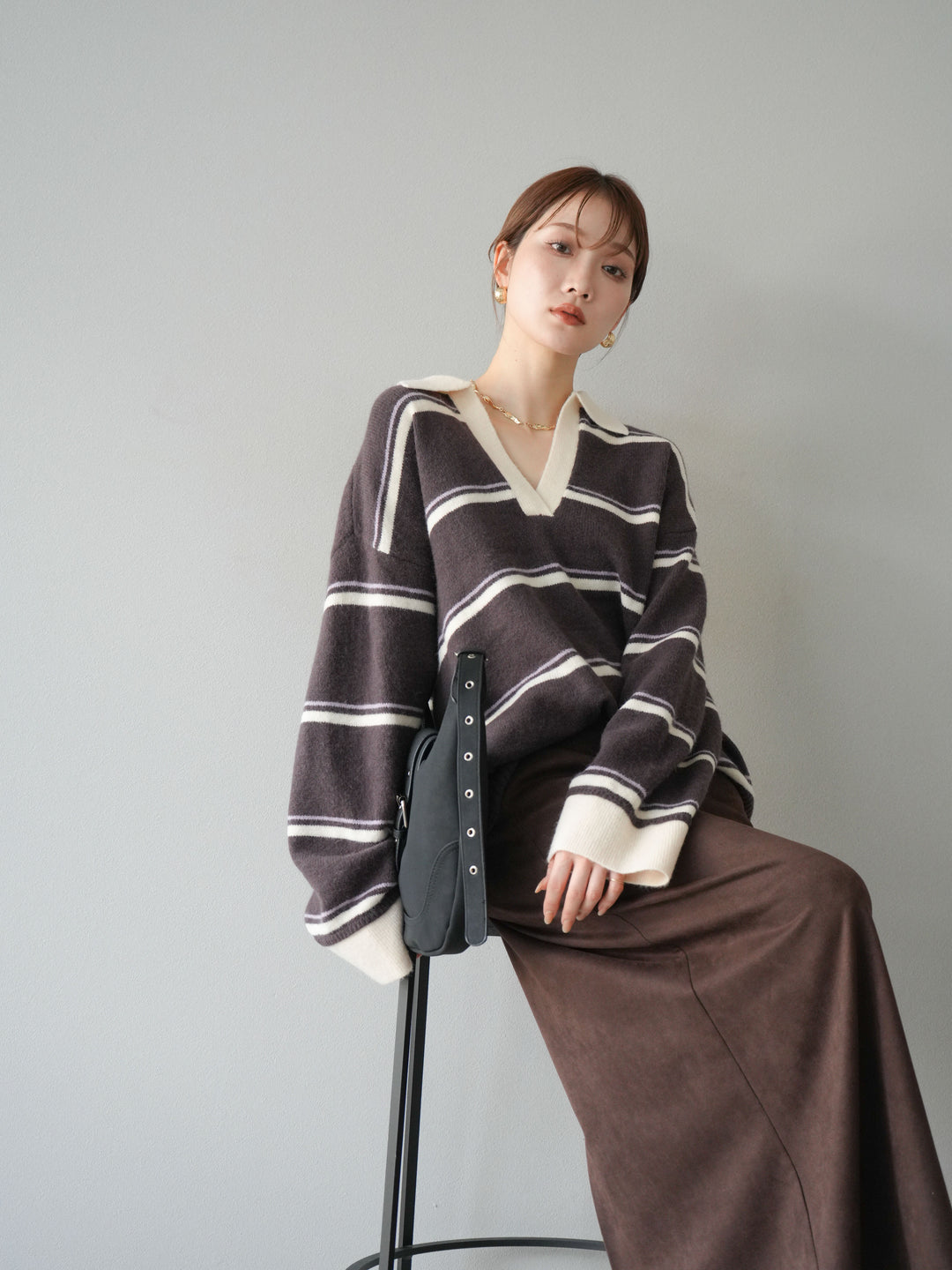 [SET]ポロ襟スキッパーボーダーニットプルオーバー+スウェードIラインスカート(2set)