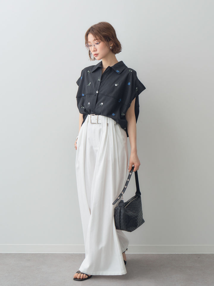 【套裝】花卉刺繡燈籠無袖襯衫+腰帶設計環扣闊腿褲（兩件套）