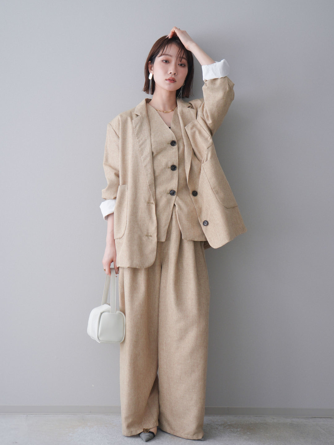 [予約]リネンライクタックワイドパンツ/beige