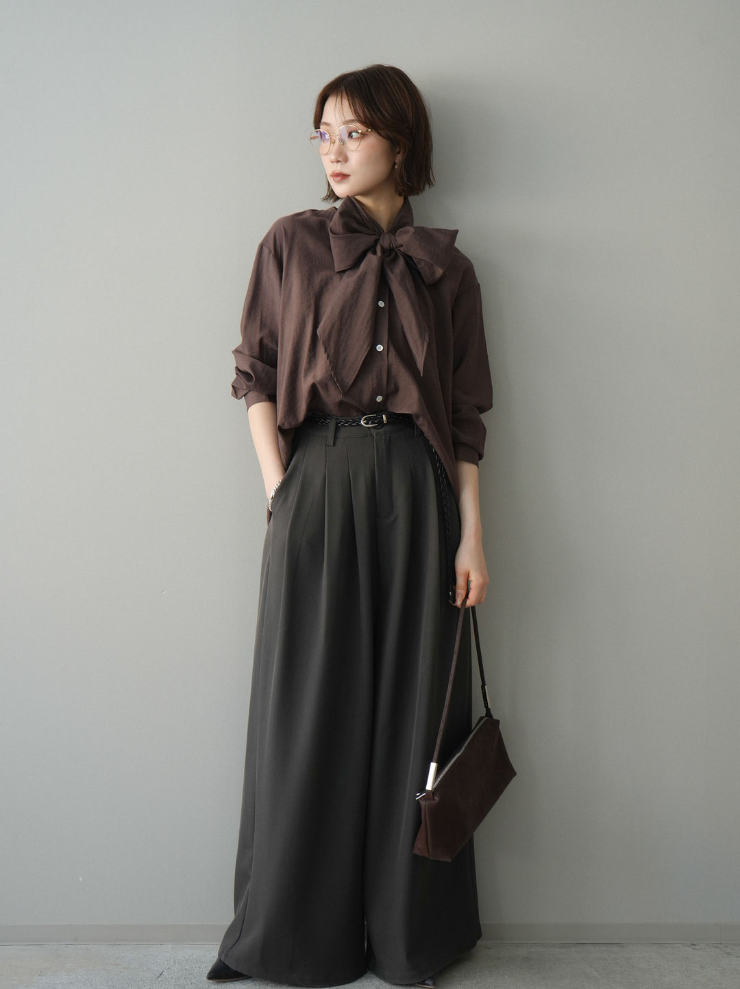 [予約]編み込みベルト付タックワイドパンツ/gray