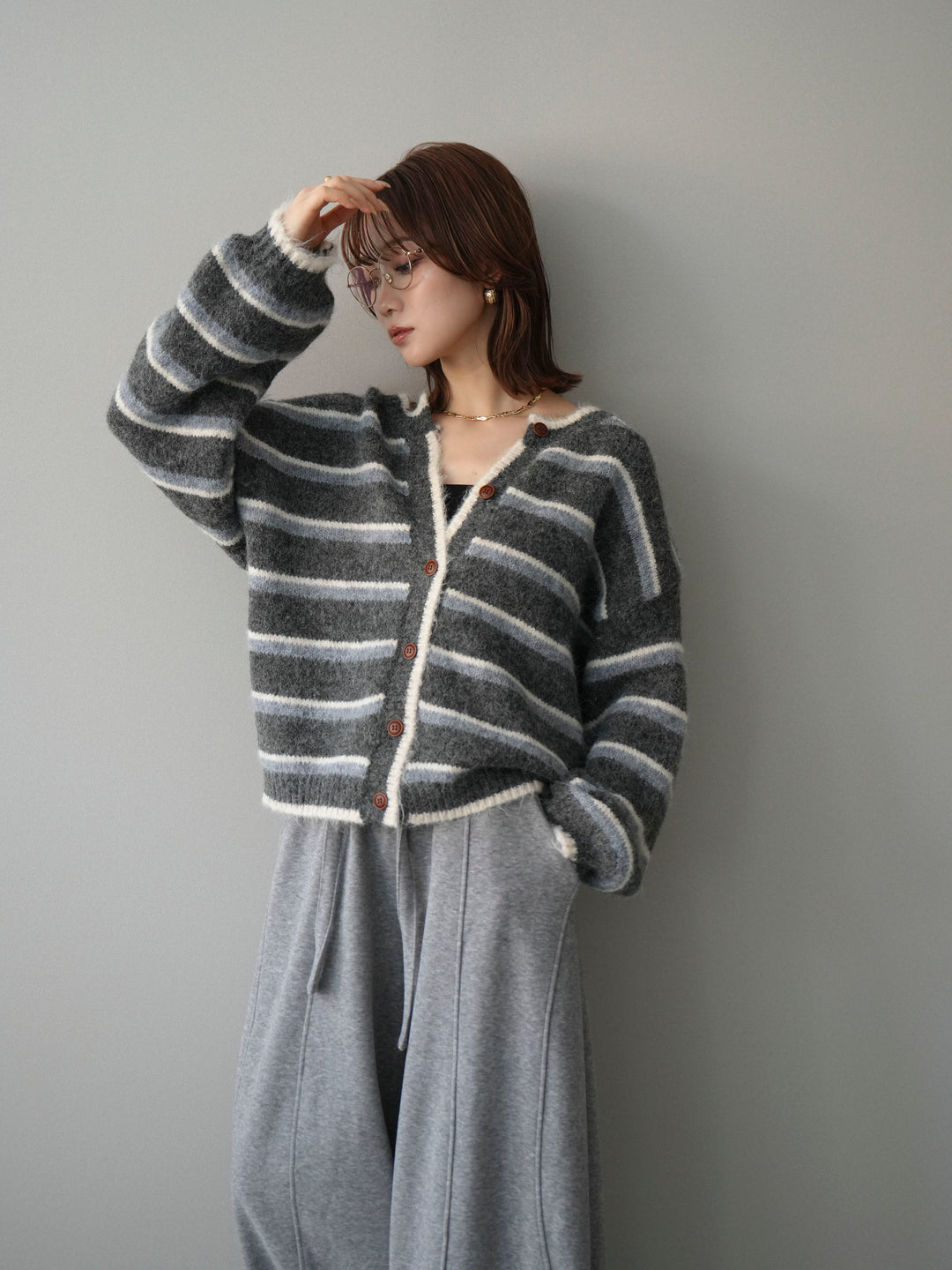 [SET]ウールタッチ配色ボーダーニットカーディガン+ウールタッチ配色ボーダーニットカーディガン(2set)