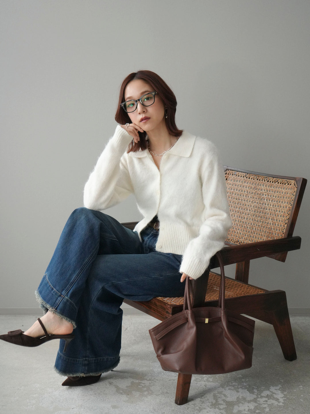 [SET]モヘア衿付きボタンプルオーバー+裏起毛裾フリンジワイドデニムパンツ(2set)