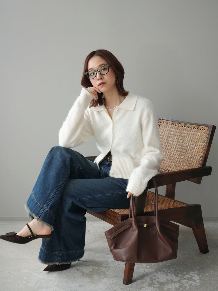 [SET]モヘア衿付きボタンプルオーバー+裏起毛裾フリンジワイドデニムパンツ(2set)