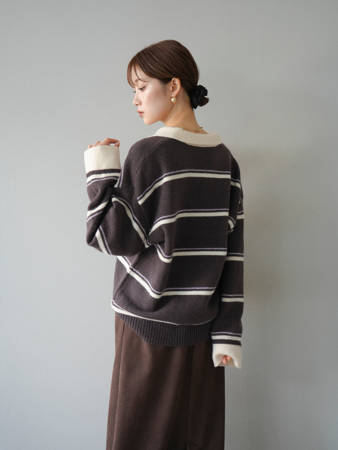 [予約]ポロ襟スキッパーボーダーニットプルオーバー/ブラウン
