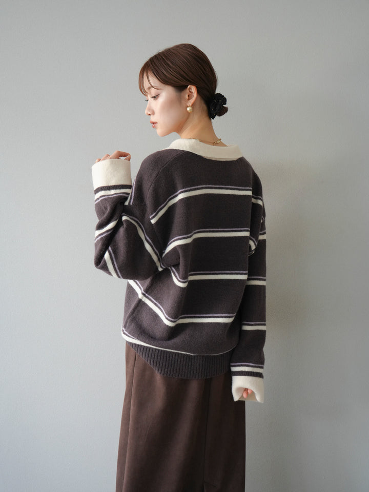 [予約]ポロ襟スキッパーボーダーニットプルオーバー/ブラウン