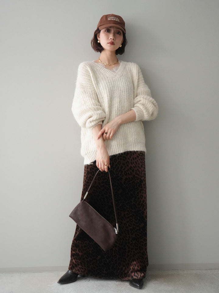 [SET]Vネックレースニットプルオーバー+レオパードベロアナロースカート(2set)