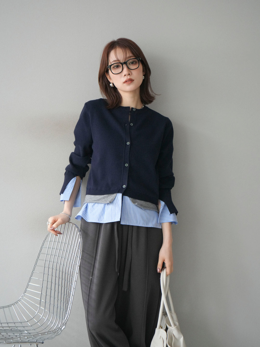 [予約]シャツ襟レイヤードニットカーディガン/navy