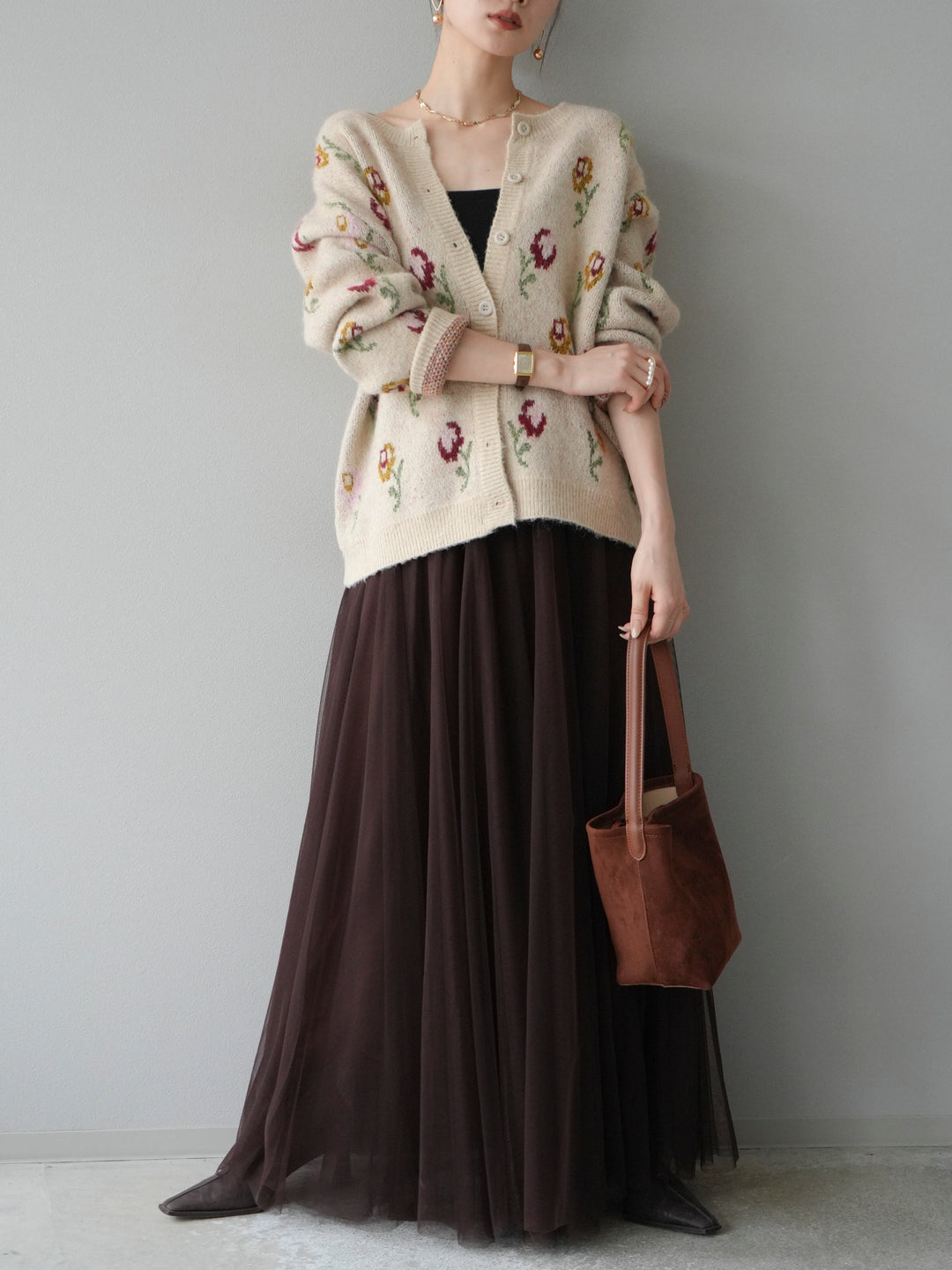 [予約]ウールタッチフラワーニットカーディガン/アイボリー