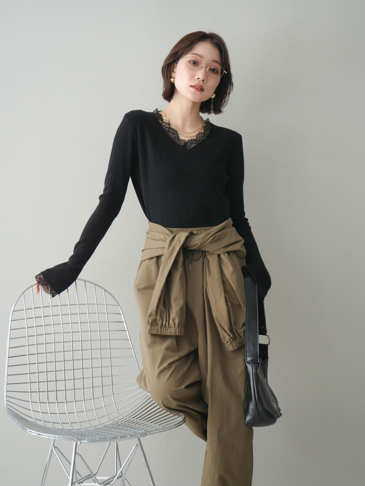 [SET]レースドッキングVネックニットトップス+レースドッキングVネックニットトップス(2set)