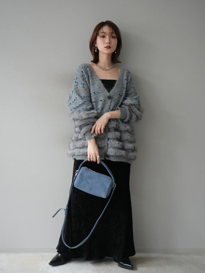 [SET]フェザーライン配色シャギーニットカーディガン+ベロアプリーツナロースカート(2set)