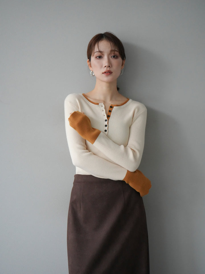 [3]ヘンリーネック配色リブニットトップス/アイボリー