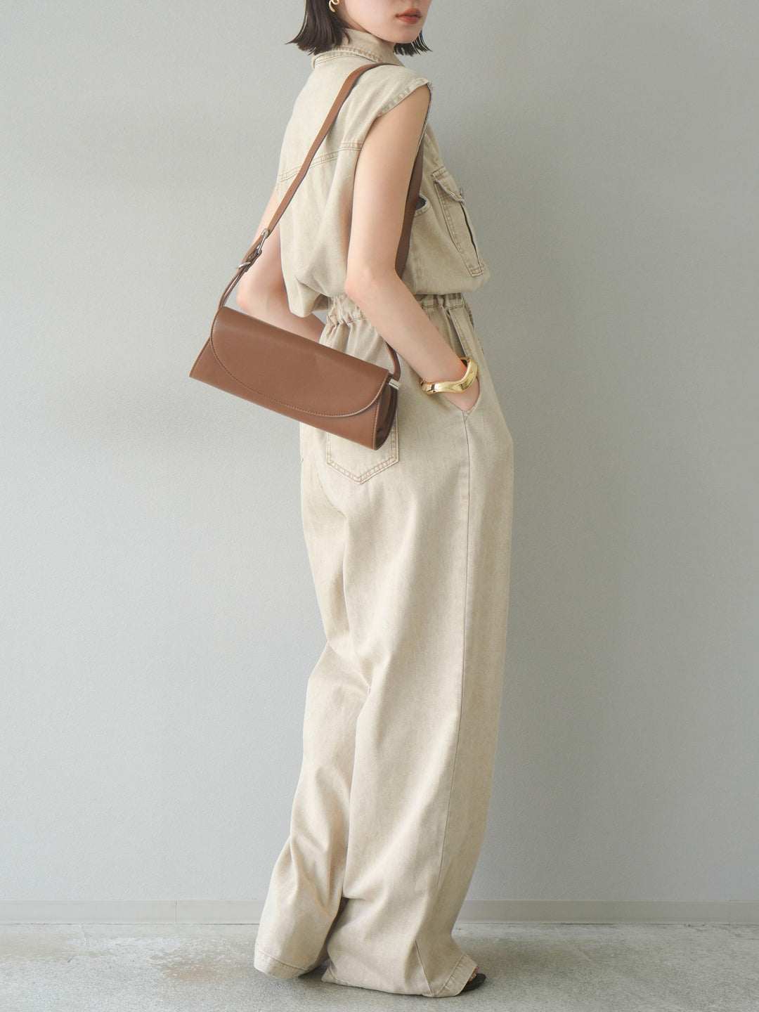 [予約]ポケットデザインデニムオールインワン/キャメル