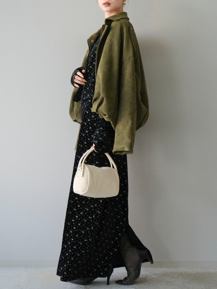 [予約]ベロアフラワープリントIラインスカート/ブラックxイエロー