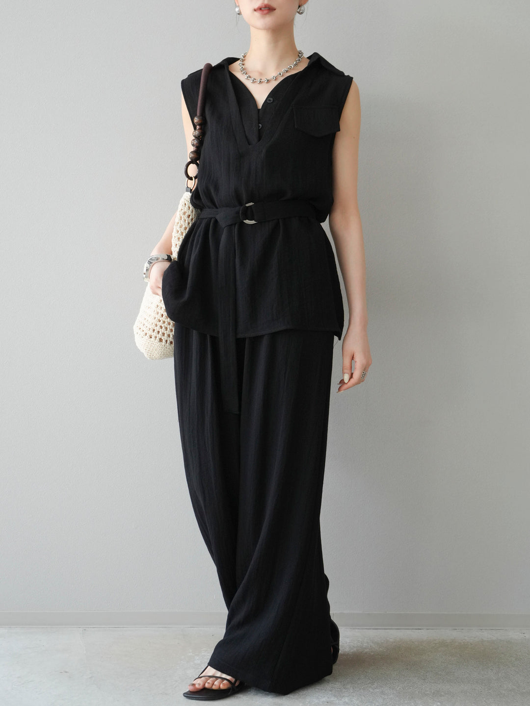 [SET]リネンライクスキッパーブラウス＆ワイドパンツSET UP