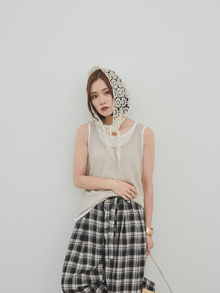 【預購】雙色疊層針織背心/米色