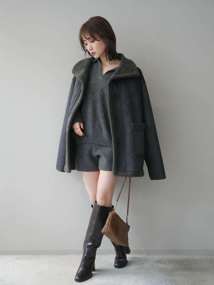 [SET]ポロニットプルオーバー＆ショートパンツSET UP+スタンドネックフェイクムートンミディアムコート(2set)