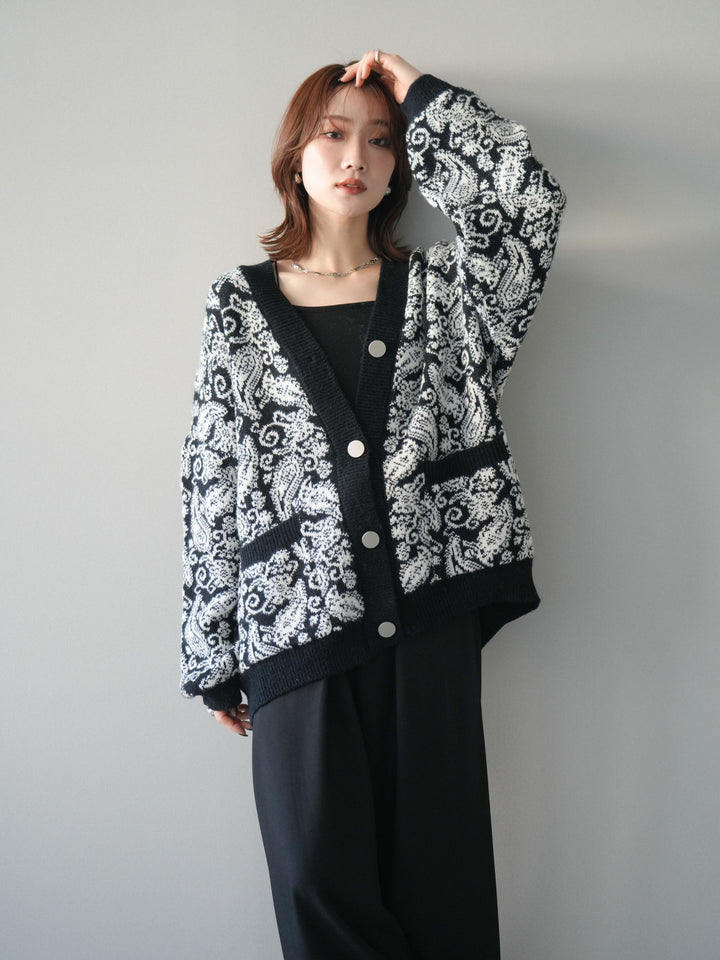 [予約]ペイズリー柄ニットカーディガン/black