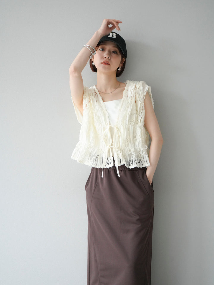 [SET]ジャガードレースリボントップス+スウェットロングスカート(2set)