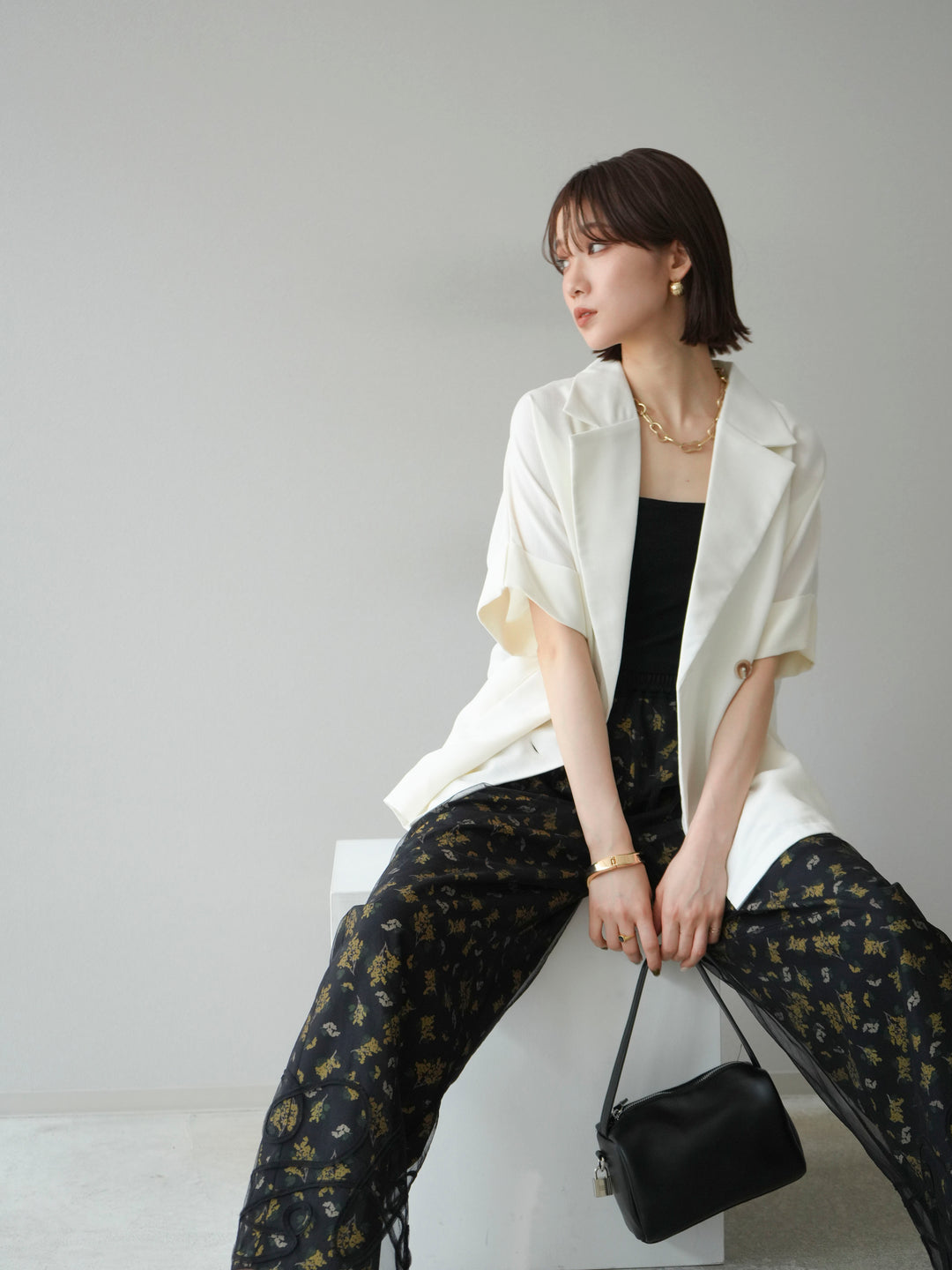 [SET]コード刺繍チュールレイヤードパンツ+ブーケプリントタックパンツ(2set)