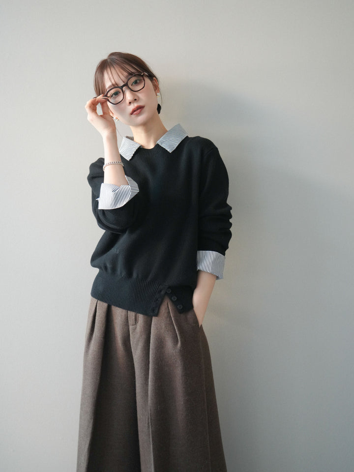 [予約]シャツドッキングデザイン裾ボタンニットプルオーバー/black
