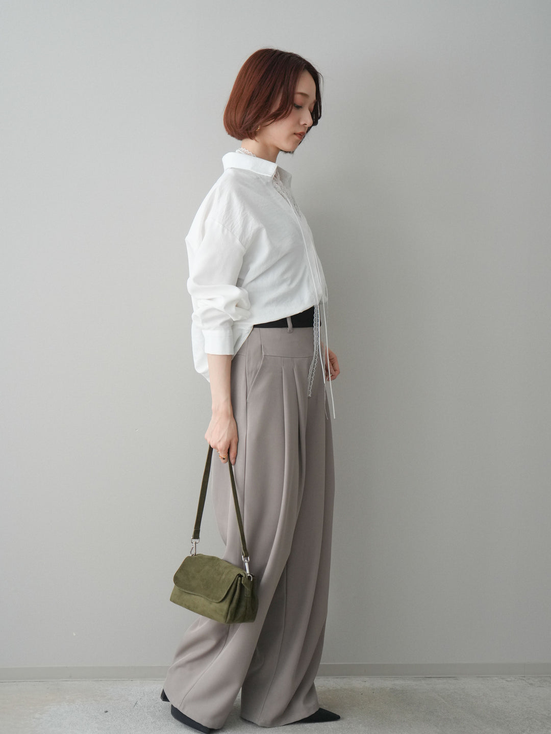 [予約]ウエストバイカラータックワイドパンツ/greige