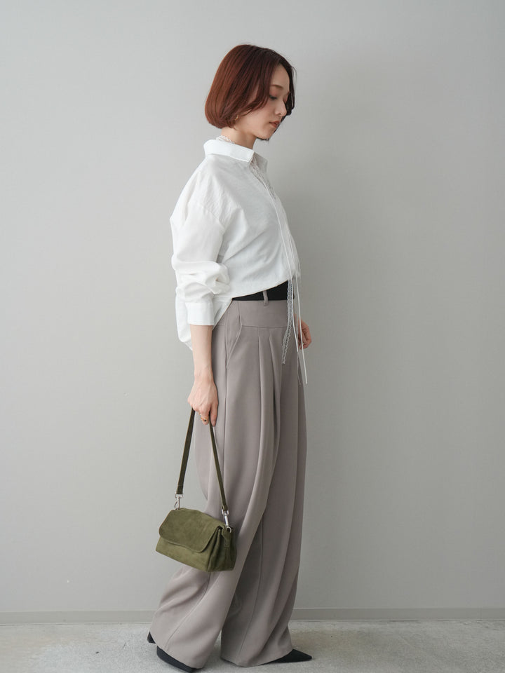 [予約]ウエストバイカラータックワイドパンツ/greige