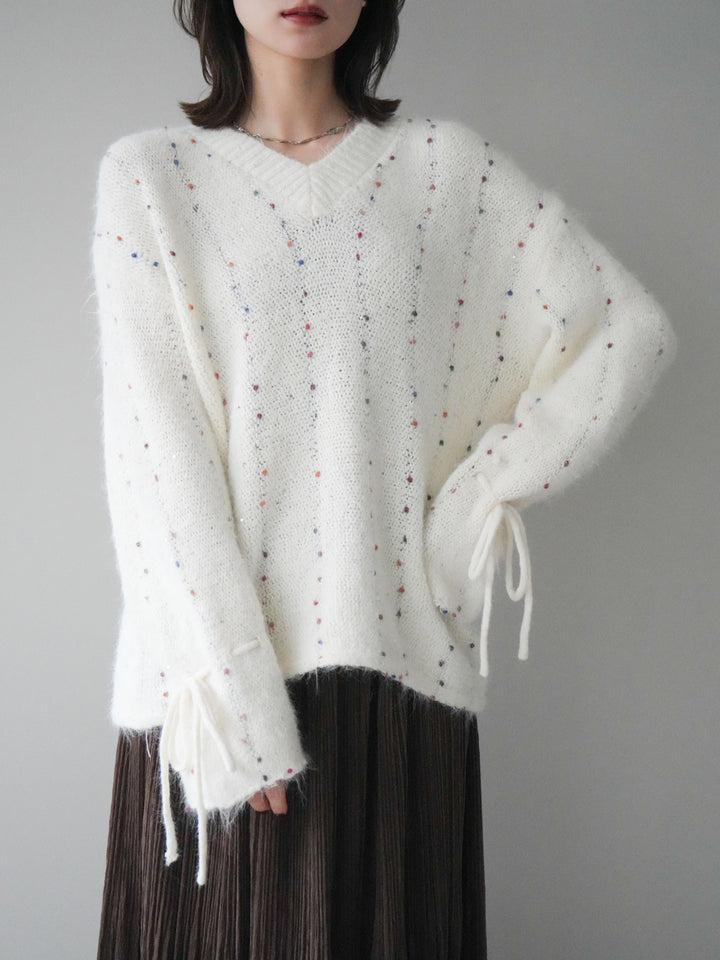 [予約]キャンディースリーブカラーネップスパンコールニットプルオーバー/white