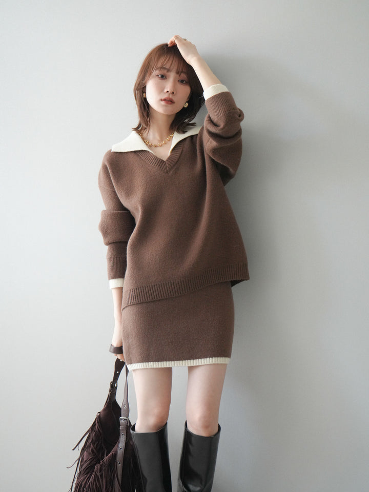 [SET]配色襟ニット＆ミニスカートSET UP+配色襟ニット＆ミニスカートSET UP(2set)