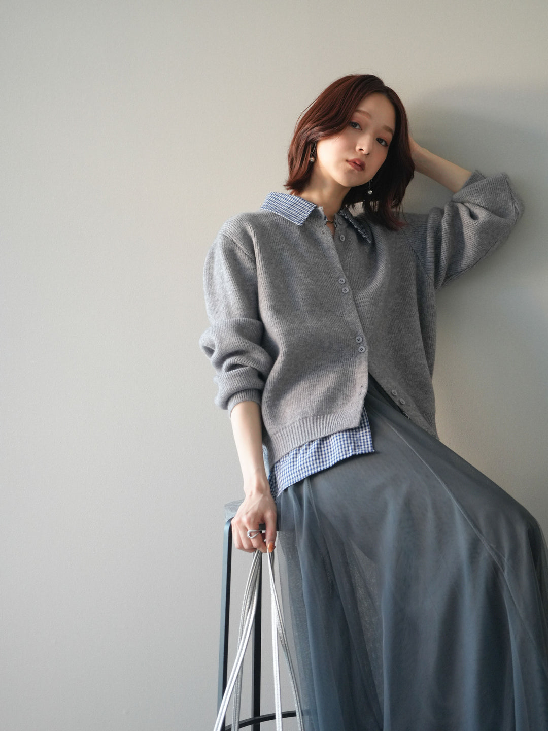 [SET]チェックシャツ襟ニットカーディガン+チュールボリュームスカート(2set)