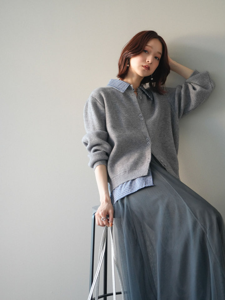 [SET]チェックシャツ襟ニットカーディガン+チュールボリュームスカート(2set)