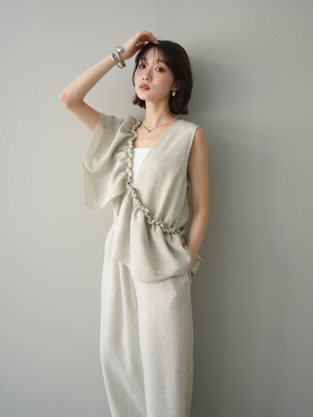 [SET]3WAYミックスツイードギャザーオールインワン+選べるアクセセット(2set)