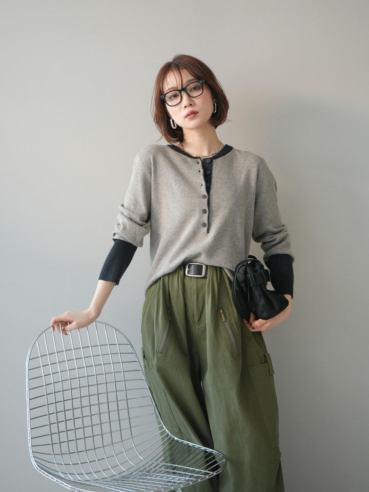 [SET]ヘンリーネック配色ニットソー+コットンタックループパンツ(2set)