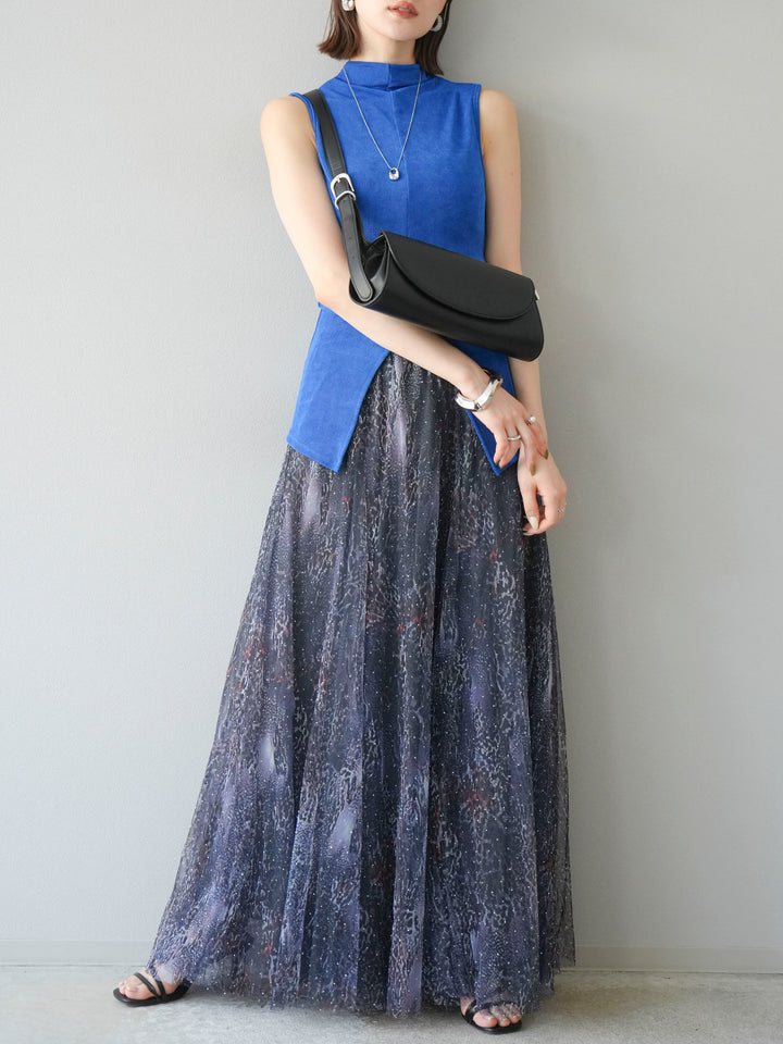 [予約]ニュアンス柄チュールレイヤードプリーツスカート/ネイビー