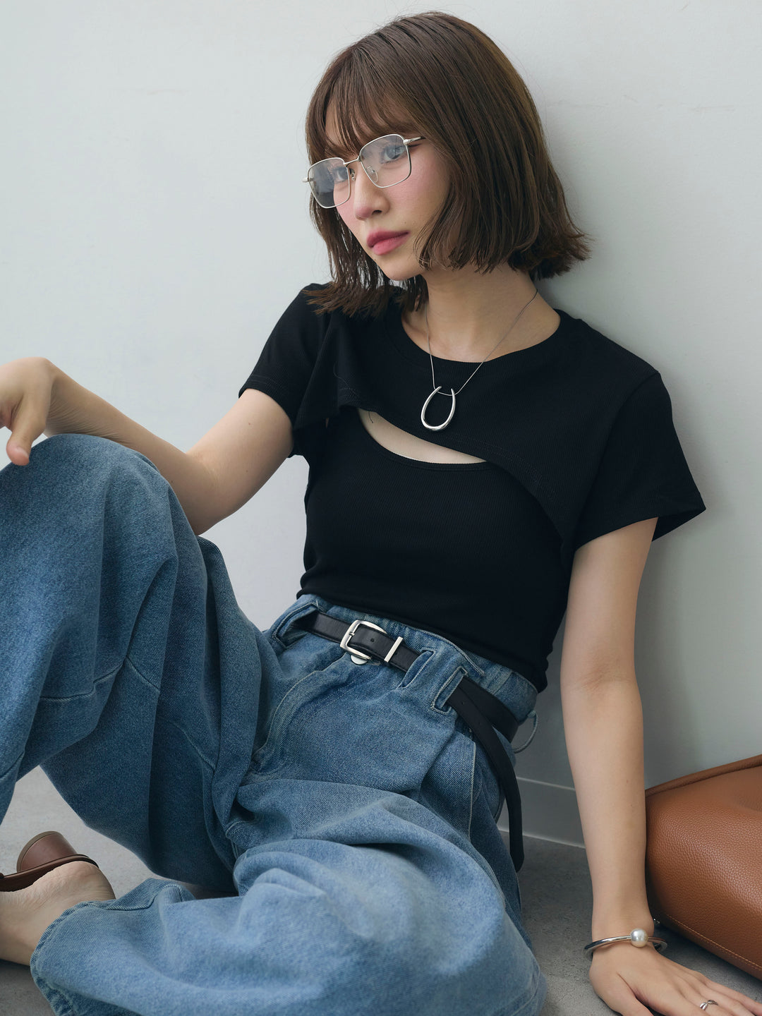 [SET]フロントオープンレイヤードトップスセット+ハイウエストベルトループデザインデニムパンツ(2set)