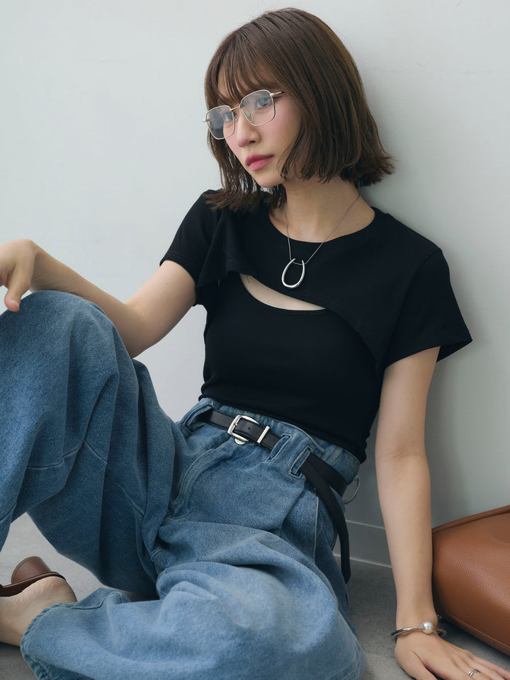 [SET]フロントオープンレイヤードトップスセット+ハイウエストベルトループデザインデニムパンツ(2set)