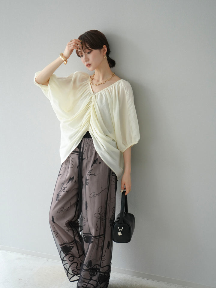 [SET]ボリュームスリーブシアータックブラウス+コード刺繍チュールレイヤードパンツ(2set)