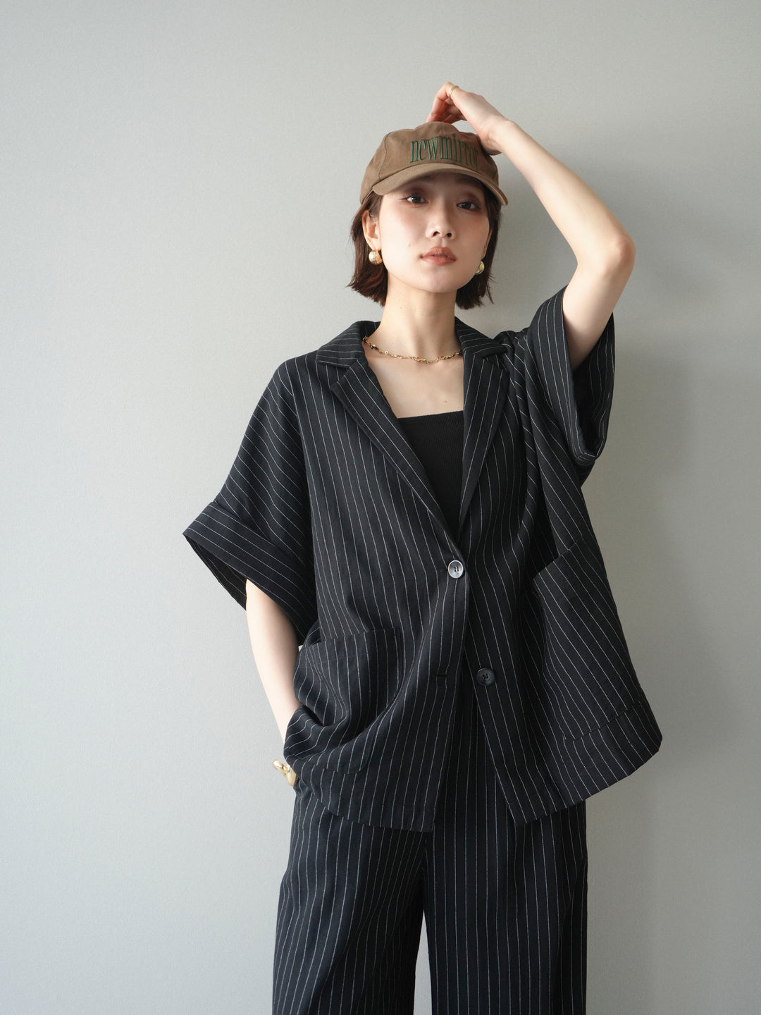 [SET]ストライプハーフスリーブオーバージャケット+ストライプリラックスワイドパンツ(2set)