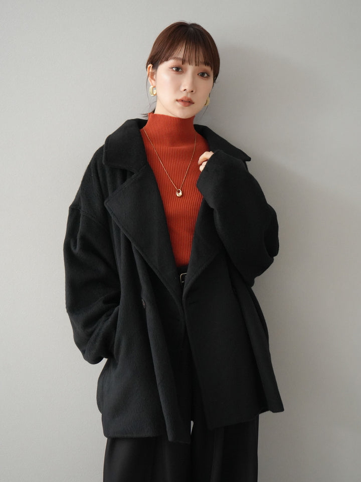 [SET]フェイクビーバーミドルコート+袖ボタンハイネックリブニットトップス+ベルト付ウールタッチワイドパンツL(3set)