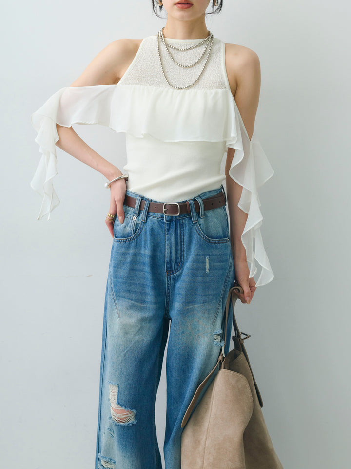 [SET]シフォンフリルドッキングノースリニットトップス+シフォンフリルドッキングノースリニットトップス(2set)