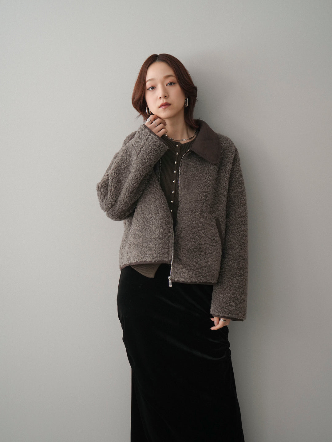 [予約]スエード襟ボアショートジャケット/brown