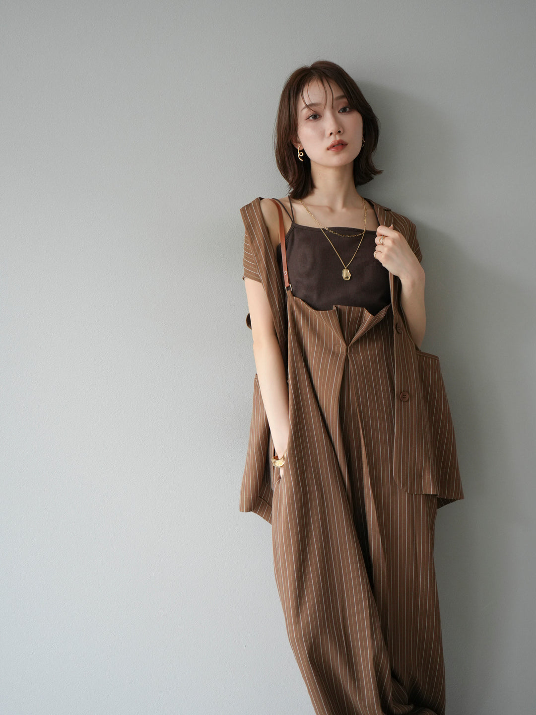 [SET]ヘリンボーンストライプジレ+ヘリンボーンストライプサロペット(2set)