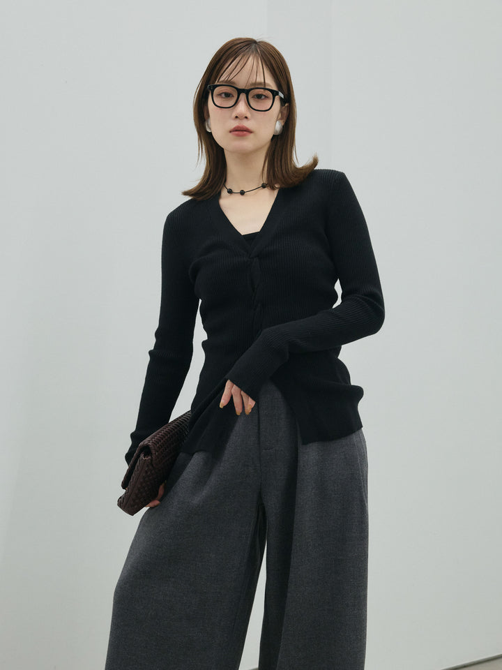 【Allure】[SET]フロントツイストリブニットトップス+ループデザインツイルワイドパンツ(2set)