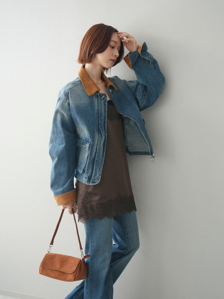 [予約]コーデュロイ×デニムショートカバーオール/blue