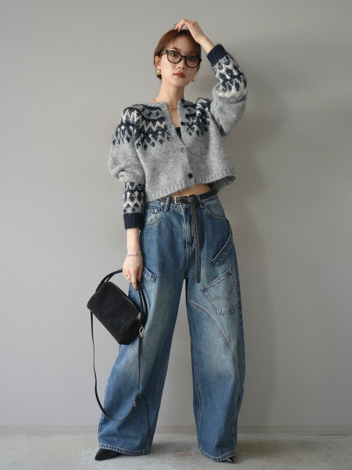 【着回しセット】[SET]求心柄クロップドニットカーディガン+ミックスヤーンペイズリー柄ニットカーディガン+ペインターカーブデニムパンツ(3set)