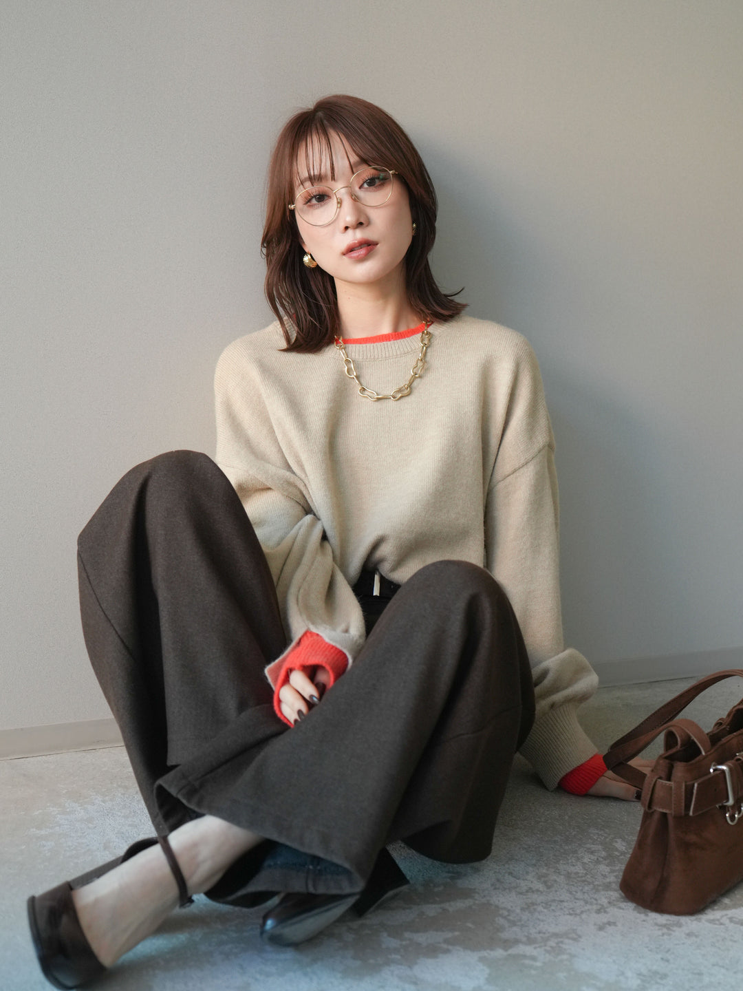 [予約]ヘンリーネック配色レイヤードニットプルオーバー/beige