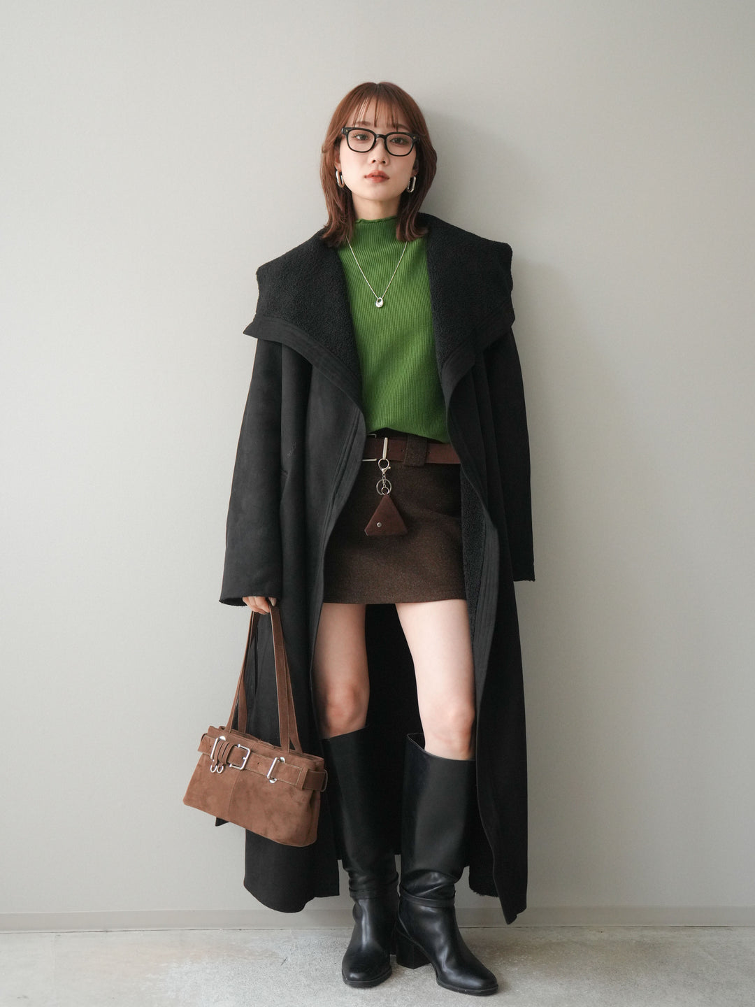 [予約]ウールタッチベルト付ミニスカート/brown