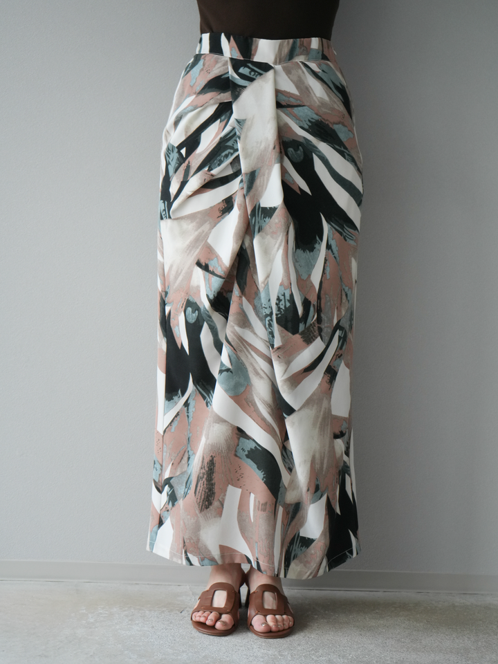 [預購] 度假風印花褶襉I字裙/綠色