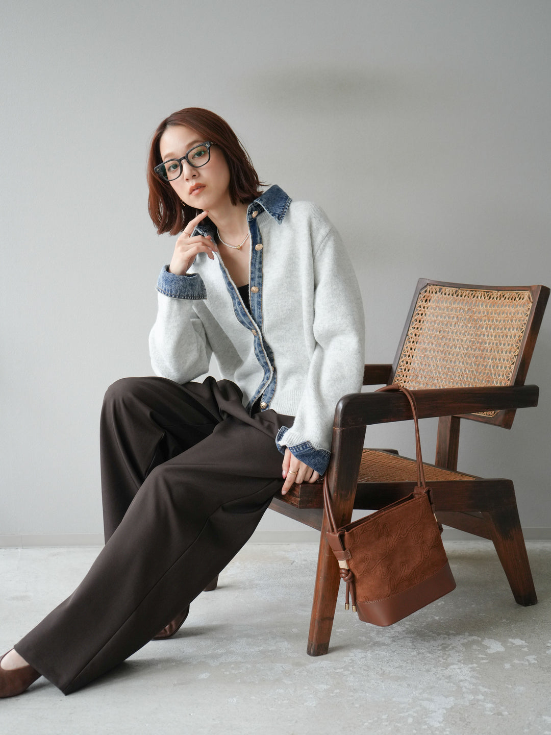 [SET]デニム襟ボタンニットカーディガン+エステルタックワイドパンツ(2set)