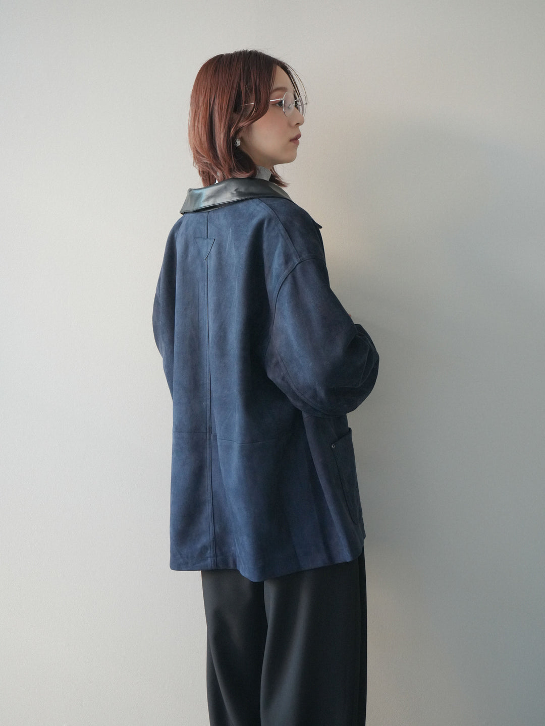 [SET]襟レザーステンカラースエードジャケット+袖ボタンボトルネックリブニットトップス+ベルトループデザインワイドパンツ(3set)