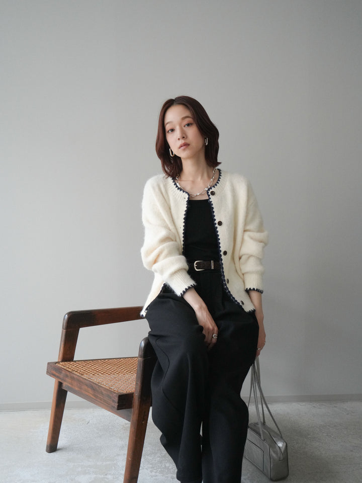 [SET]三角ステッチニットカーディガン+アニマル柄ベルト付きウールタッチワイドパンツ(2set)